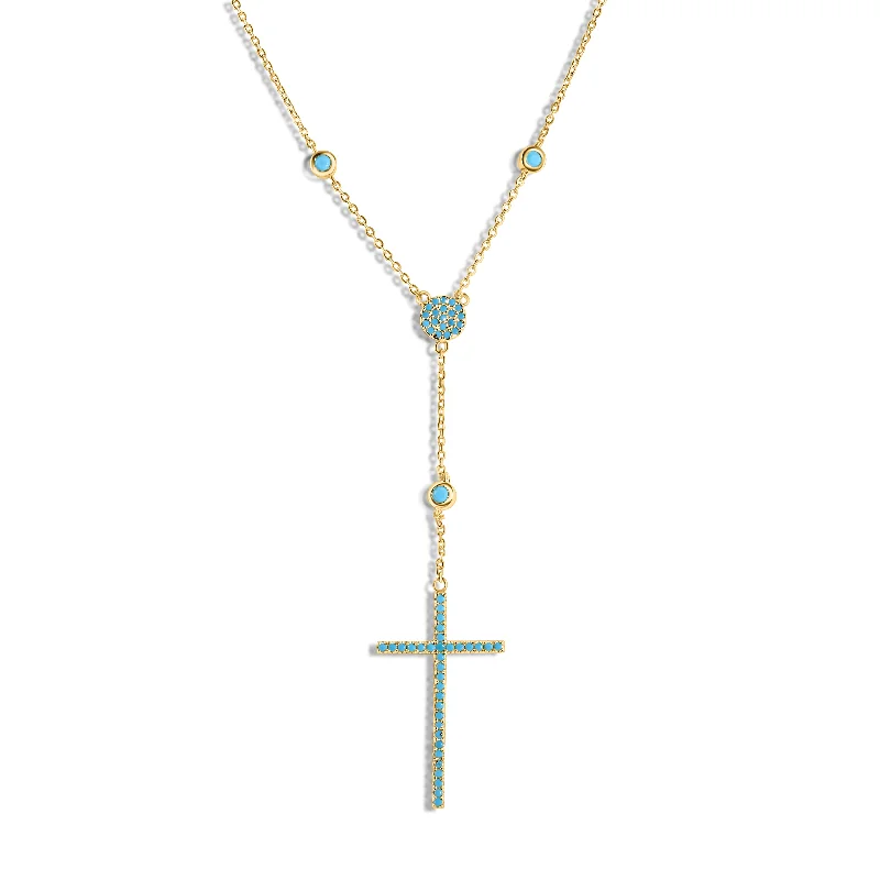 Luxury Gemstone Necklace For Bridesmaids-Silver 925 Gold Plated Cross Necklace with Synthetic Turquoise Stones - STP01513GP