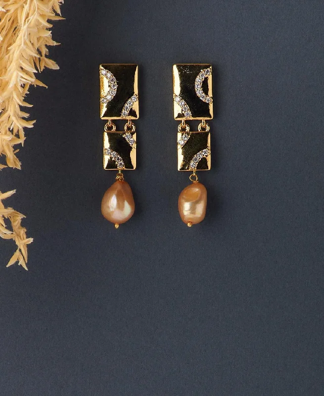 Retro-Inspired Earrings For Vintage Lovers-Delicate Stone Studded Pearl Hanging Earring