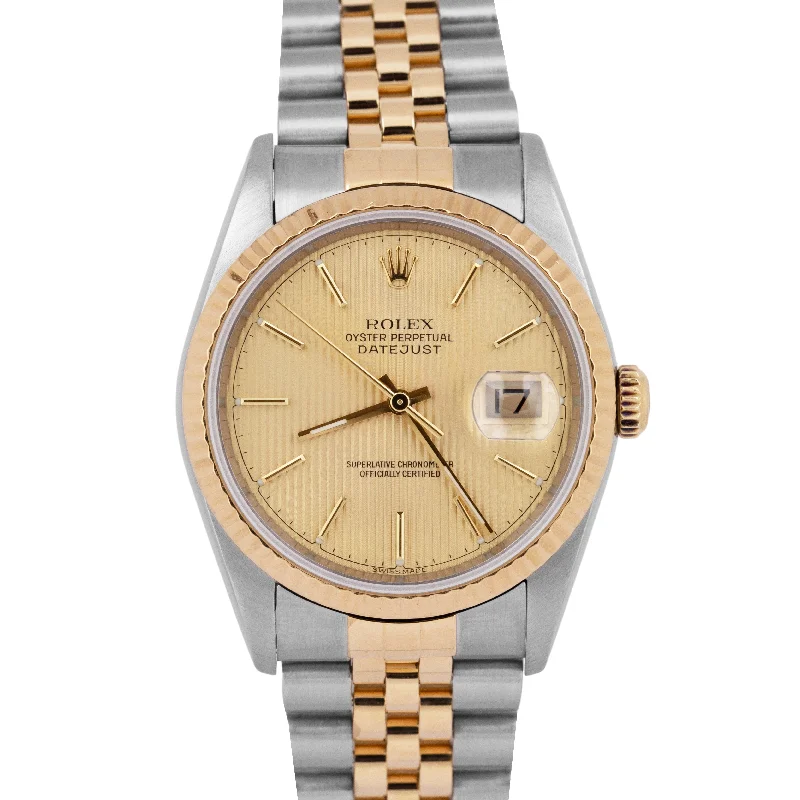 Luxury Watches With Sapphire Crystals-MINT PAPERS Rolex DateJust 36mm Champagne TAPESTRY Two-Tone Watch 16233 BOX