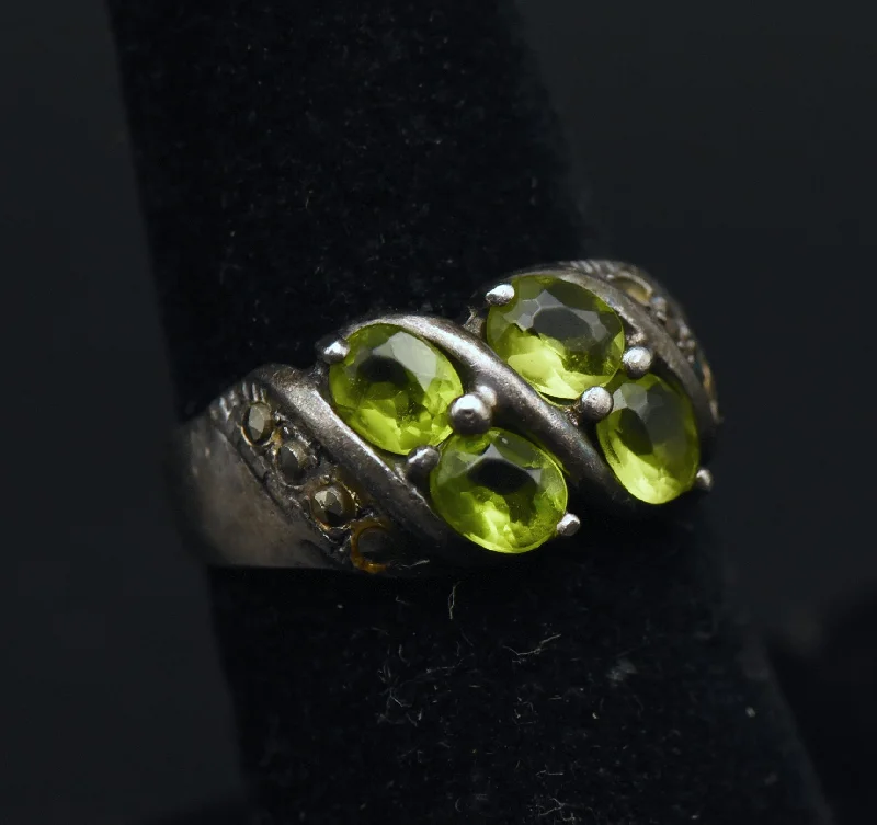 Elegant Gold Rings For Classic Brides-Vintage Sterling Silver Imitation Peridot and Marcasite Ring - Size 6.5