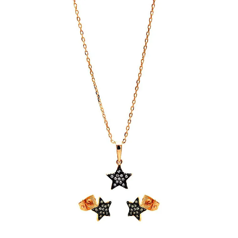 Classic Silver Necklace For Fashion Week-Silver 925 Black Rhodium and Gold Plated Clear Mini Star CZ Stud Earring and Necklace Set - BGS00278