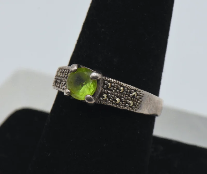 Trendy Gemstone Wedding Rings For Elegant Brides-Vintage Sterling Silver Marcasite and Green Glass Ring - Size 8