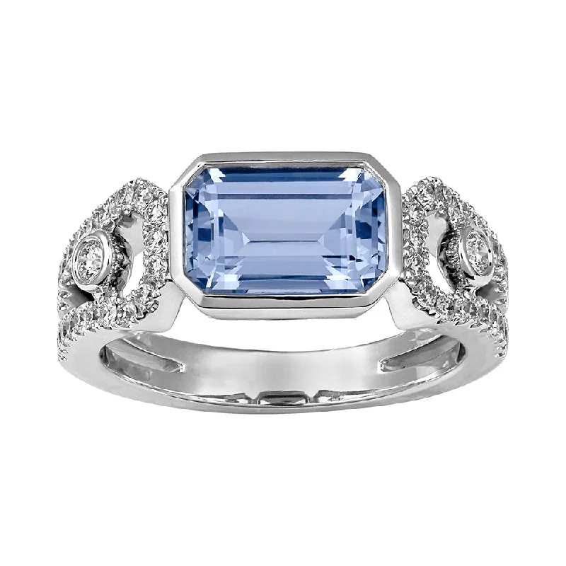 Elegant Sapphire Rings For Wedding Day-14K white gold ring featuring an emerald-cut Chatham lab grown aqua blue spinel with Chatham lab grown pavé diamond accents.