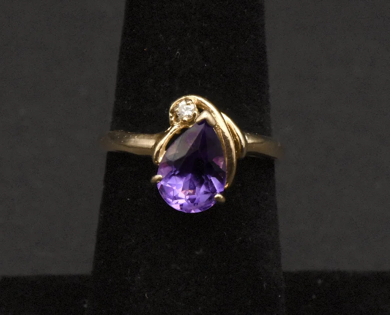 Elegant Wedding Bands For Stylish Brides-Vintage 14K Gold Amethyst and Diamond Ring - Size 6.5