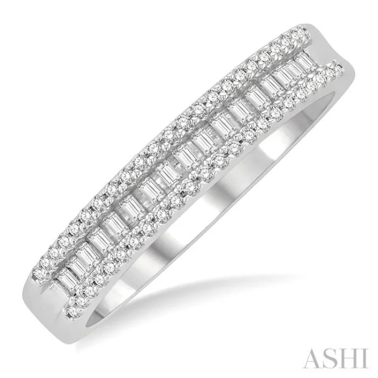 Unique Gemstone Wedding Rings For Grooms-1/3 ctw Baguette and Round Cut Diamond Stackable Fashion Band in 14K White Gold