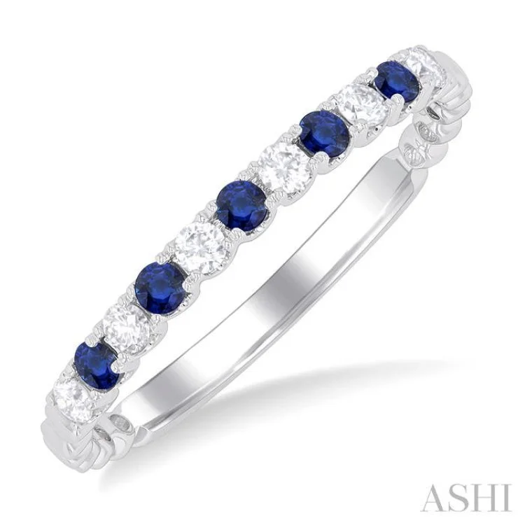 Elegant Engagement Rings With Colored Diamonds-1/6 ctw Round Cut 1.75MM Sapphire and Diamond Precious Wedding Band in 14K White Gold