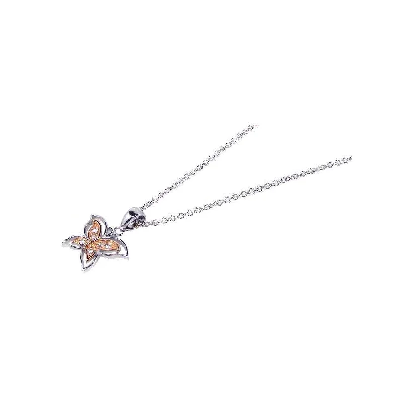 Simple Nameplate Necklace For Personalized Wear-Silver 925 Clear CZ Rhodium Gold Plated Butterfly Pendant Necklace - BGP00086