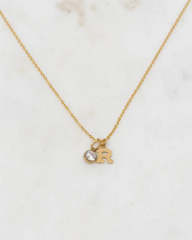 Simple Heart Necklace For Special Occasions-Initial R with Birthstone Necklace