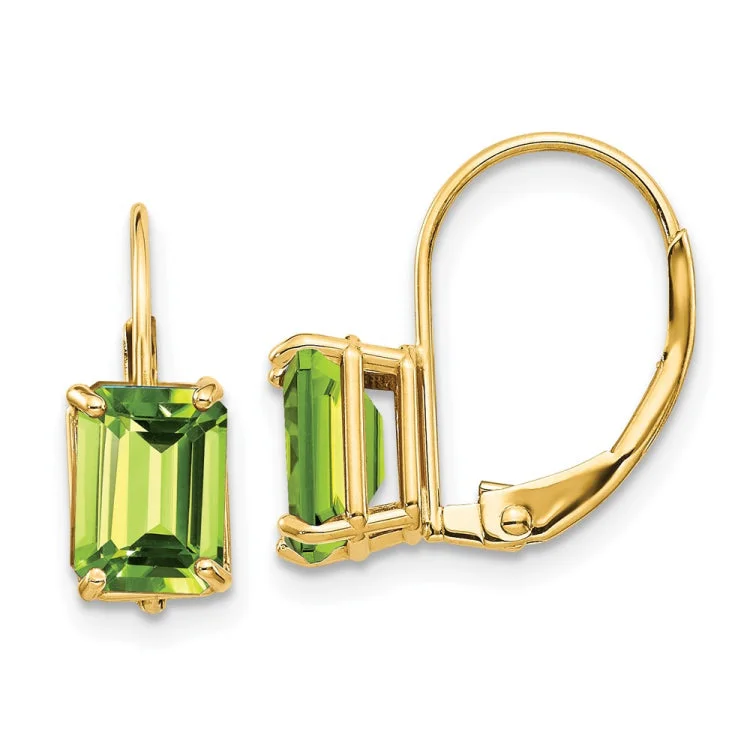 Designer Earrings For Special Celebrations-14k 7x5mm Emerald Cut Peridot Leverback Earrings