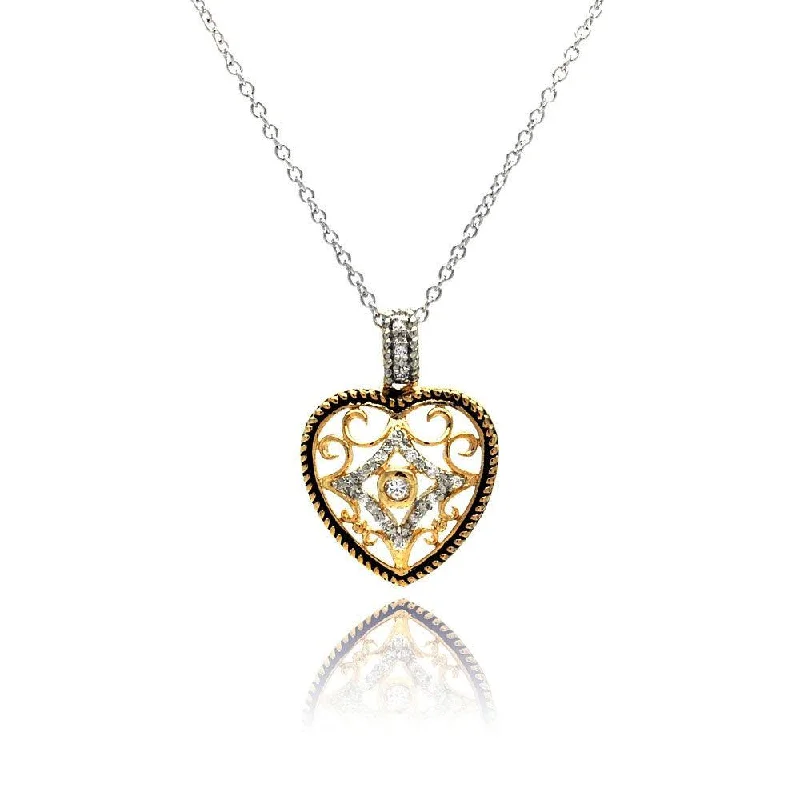 Personalized Gemstone Necklace For Fashion Week-Silver 925 Clear CZ Gold Plated Heart Pendant Necklace - BGP00117