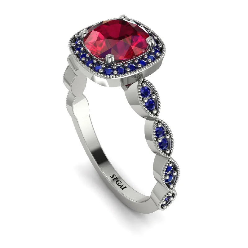 Luxury Platinum Wedding Rings For Brides-Vintage Inspired Ruby Halo Ring - Frances No. 72