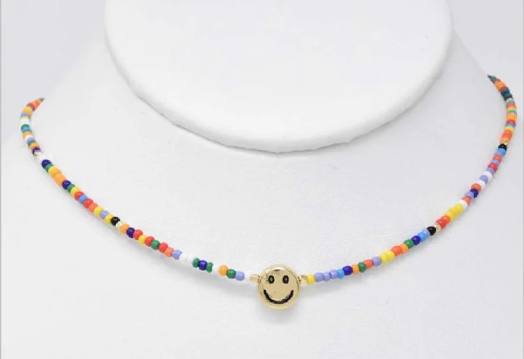 Luxury Chain Necklace For Special Events-Happy Face Beaded Necklace - Multicolors