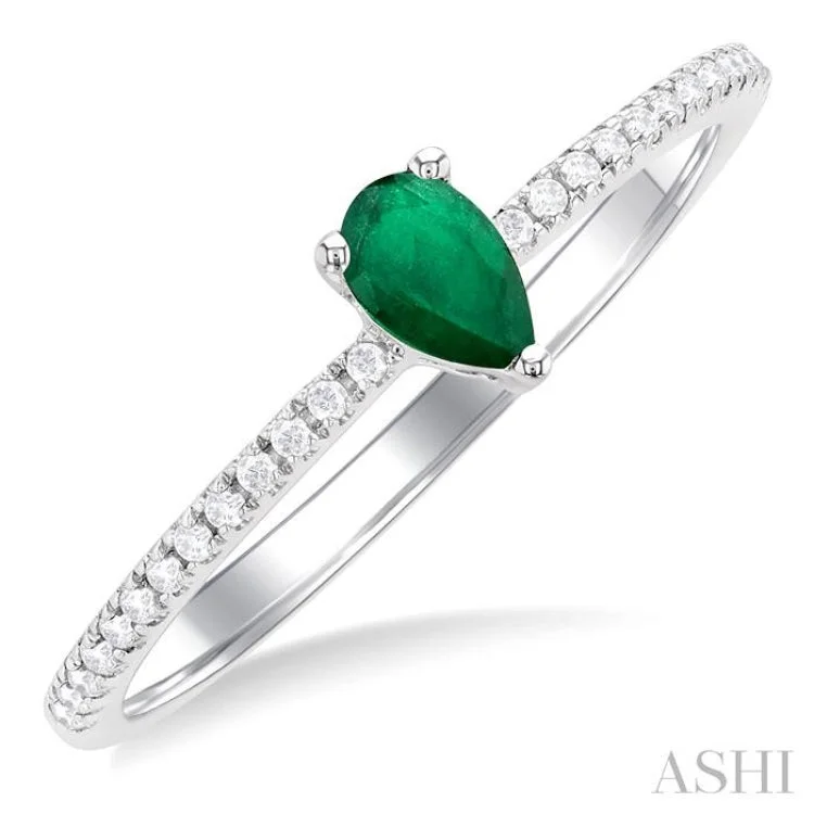 Custom Wedding Bands With Personal Engravings-1/10 ctw Petite 5X3MM Pear Cut Emerald and Round Cut Diamond Precious Fashion Ring in 10K White Gold