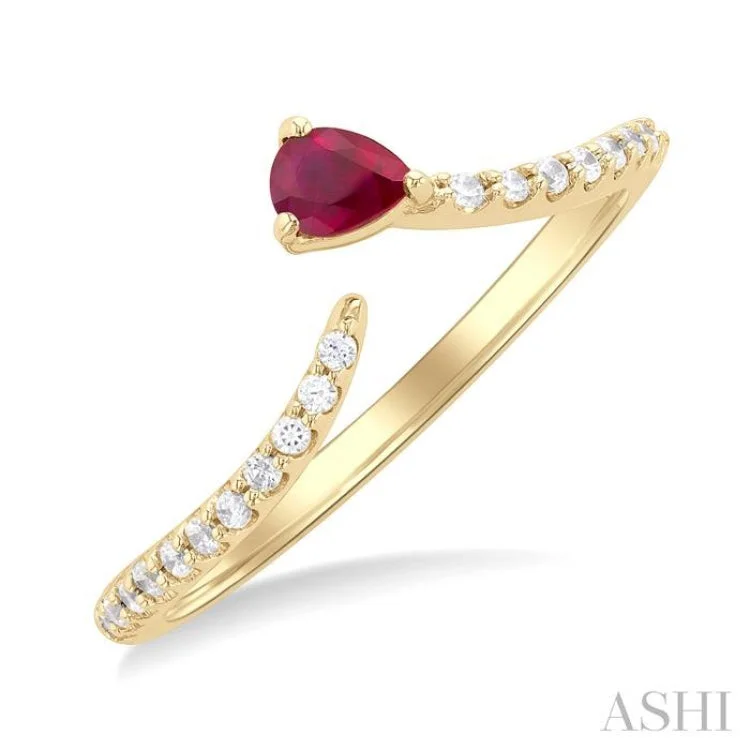 Custom Gold Wedding Rings For Brides-1/10 ctw Petite 4X3MM Pear Cut Ruby and Round Cut Diamond Precious Fashion Ring in 10K Yellow Gold