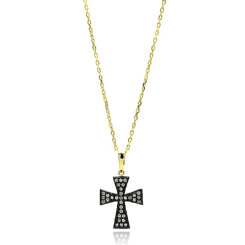 Gold Choker Necklace For Special Occasions-Silver 925 Gold Plated Black and Clear Cross CZ Necklace - BGP00631