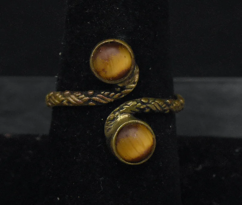 Sparkling Diamond Rings For Special Occasions-Vintage Tiger's Eye Brass Bypass Adjustable Size Ring