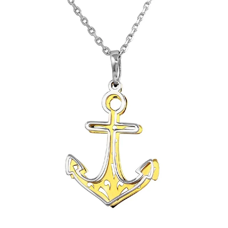 Luxury Diamond Pendant Necklace For Proposal-Two-Tone 925 Sterling Silver Rhodium and Gold Plated Double Anchor Necklace - SOP00014