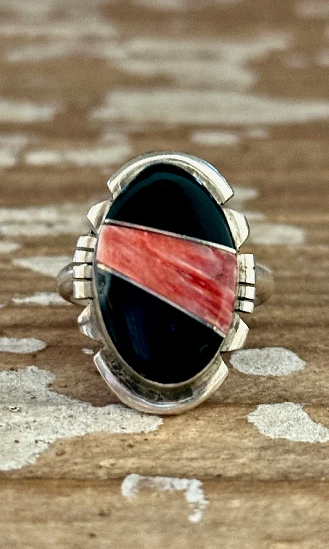 Unique Gold Rings For Special Gifts-BRANDON ETCITTY Multi Stone Inlay Navajo Ring, Sterling Silver, Jet & Spiny Oyster • Size 7.5