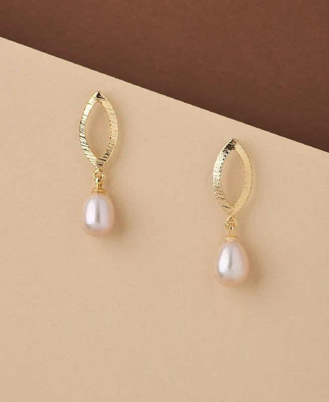 Elegant Long Earrings For Formal Events-Leaf Real Pearl Hang Earring