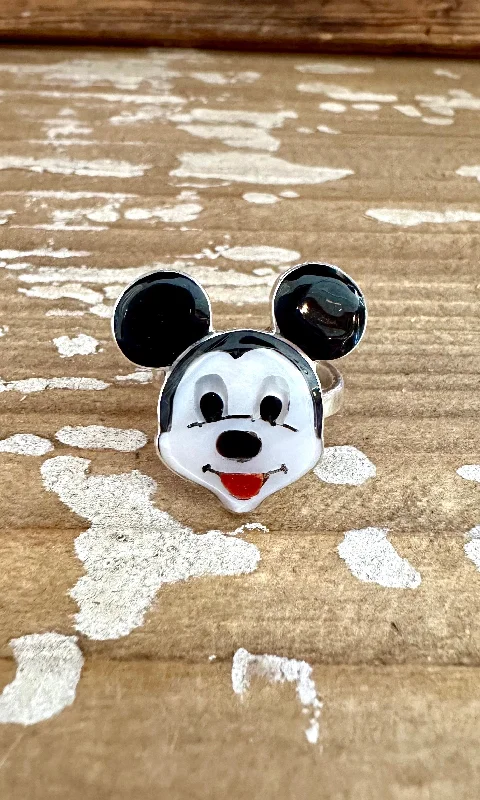 Elegant Gemstone Rings For Special Occasions-MICKEY MOUSE Zuni Toons Inlay Silver Ring • Adjustable Sizes