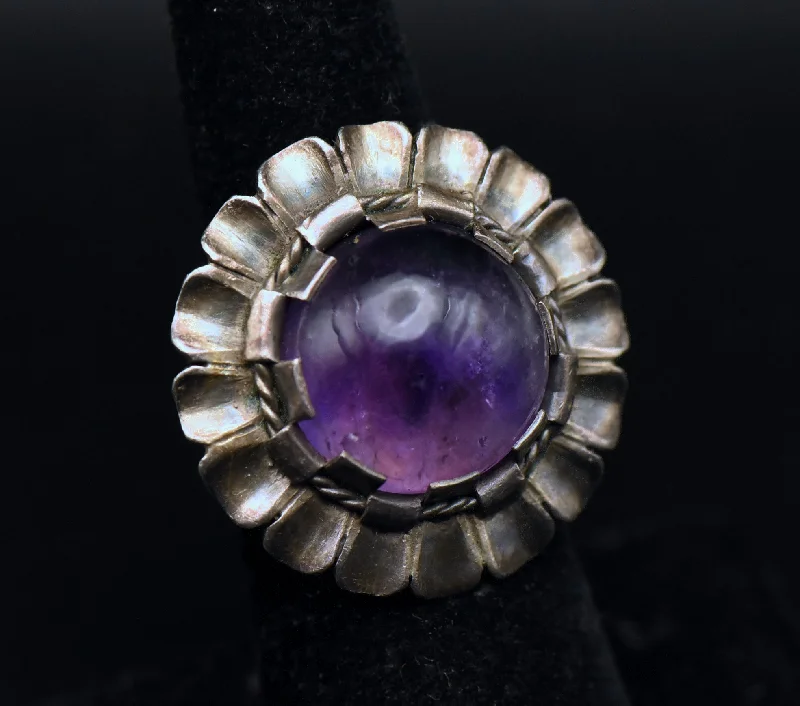 Classic Wedding Rings With Diamond Accents-Vintage Handmade Amethyst Sterling Silver Ring - Size 6