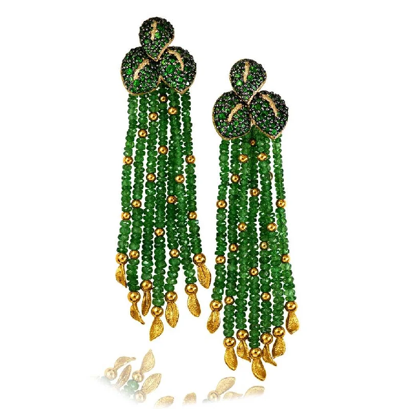 Simple Gold Drop Earrings For Day-to-Day Wear-Gold Sunflower Leaf Tassel Earrings with Tsavorites