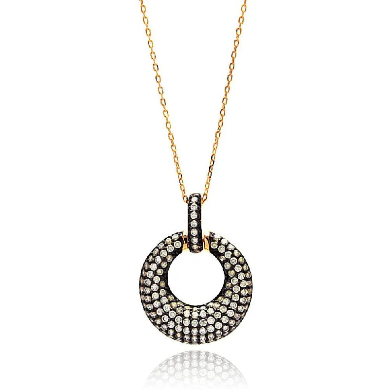 Handcrafted Gold Necklace For Weddings-Silver 925 Gold Plated Open Circle Black and Clear CZ Necklace - BGP00639