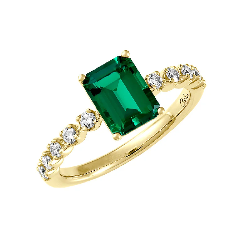 Simple Diamond Rings For Engagement Day-This 14K yellow gold ring features an 8x6mm emerald-cut Chatham lab grown emerald with Chatham lab grown diamond accents along the shank.