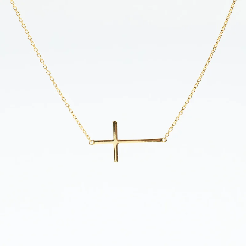 Elegant Drop Necklace For Evening Wear-Gold Plated Sideways Cross Necklace