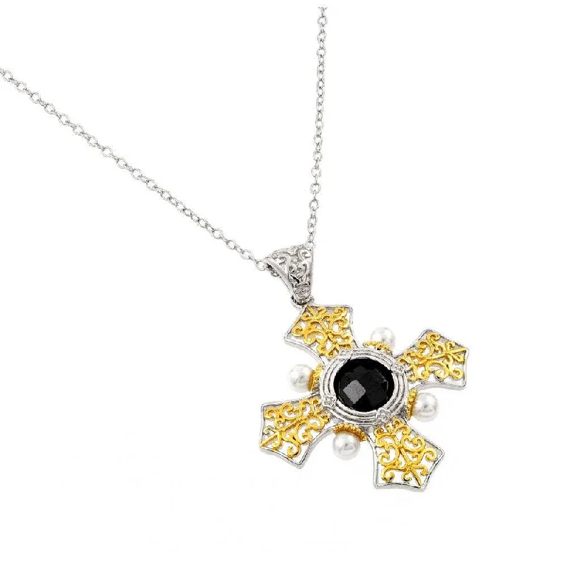 Simple Heart Necklace For Special Occasions-Silver 925 Rhodium and Gold Plated Box Cross with Black CZ Stone Pendant Necklace - BGP00897