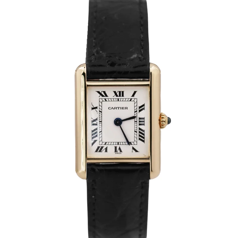 Smart Watches With Fitness Features-PAPERS Cartier Tank Classic Quartz 18k Yellow Gold White Roman Leather Watch BOX