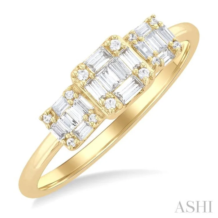 Personalized Gemstone Engagement Rings For Bridesmaids-1/4 ctw Past, Present & Future Baguette and Round Cut Diamond Fusion Fashion Ring in 14K Yellow Gold