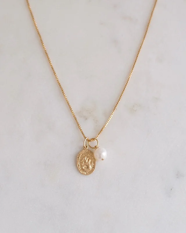 Elegant Gold Chain Necklace For Special Occasions-St Christopher with Pearl Necklace