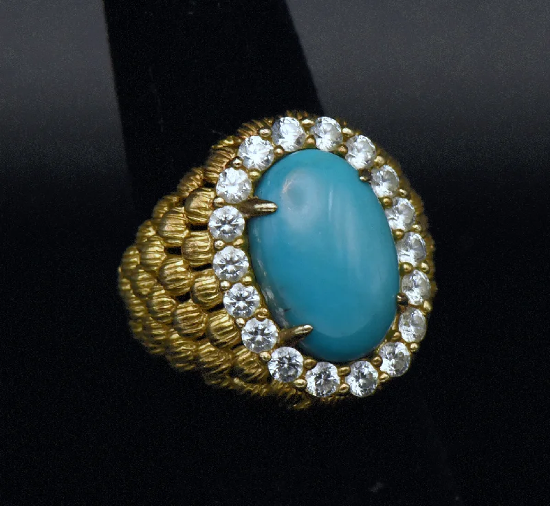 Luxury Wedding Rings For Fashion-Forward Brides-Vintage Turquoise and Rhinestones Gold Tone Sterling Silver Ring - Size 5