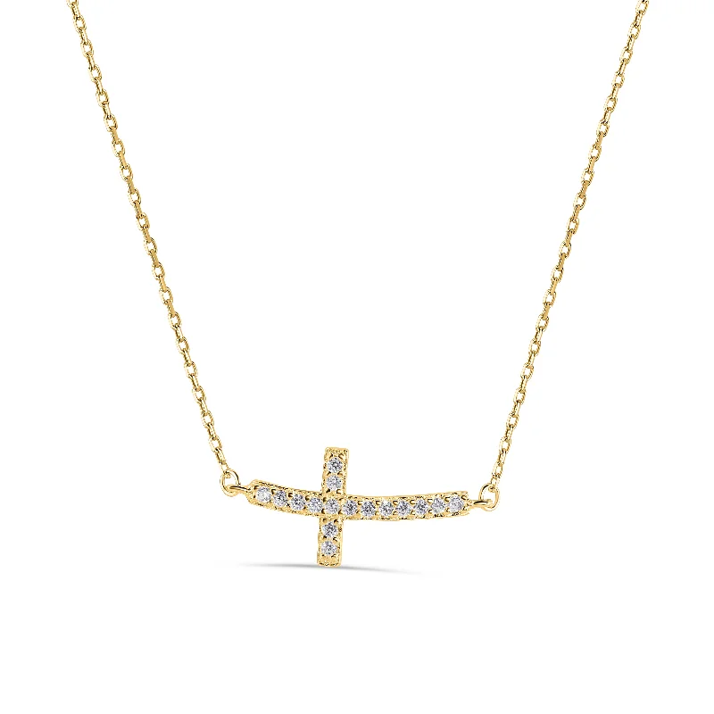 Classic Gold Chain Necklace For Brides-Silver 925 Gold Plated Curvy Sideways Cross CZ Necklace - BGP00647