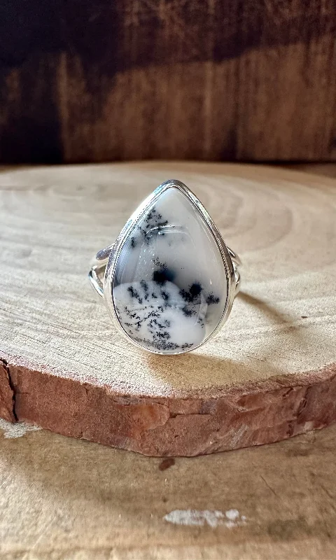 Classic Gemstone Wedding Rings For Bridesmaids-WOODLAND DENDRITIC OPAL Sterling Silver Ring • Size 8