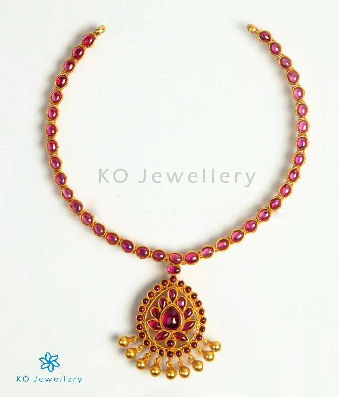 Gold Choker Necklace For Special Occasions-The Vanya Silver Kempu Necklace (Red)