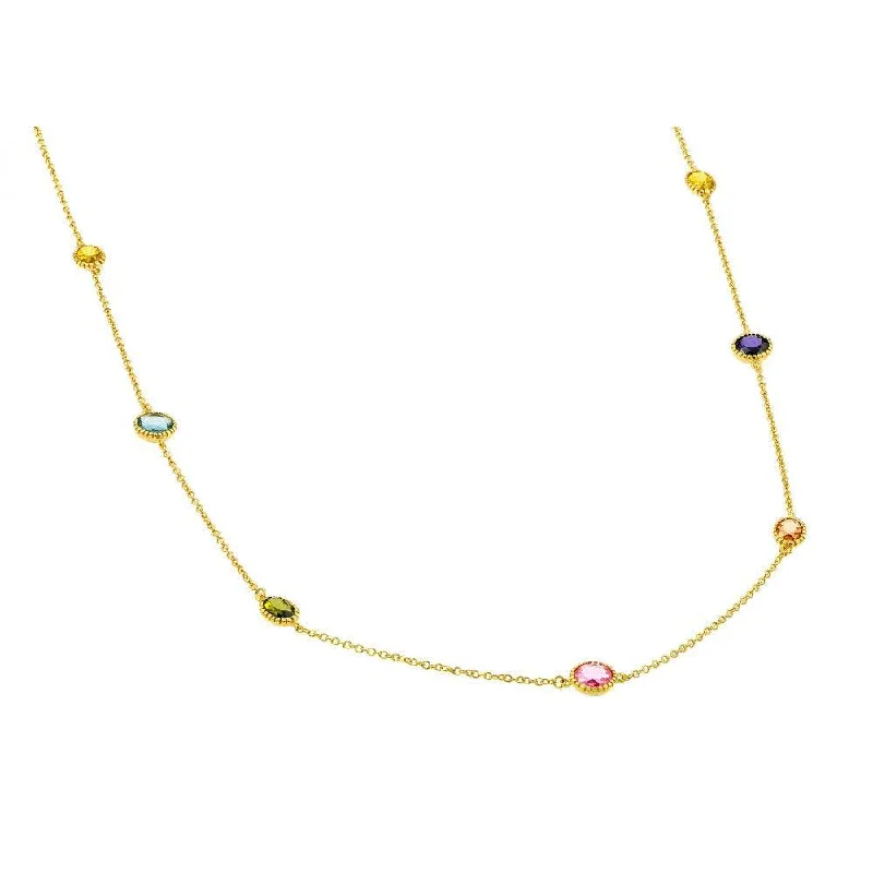 Luxury Gold Necklace For Fashion Week-Silver 925 Gold Plated Multi Color CZ Stone Necklace - BGP00870