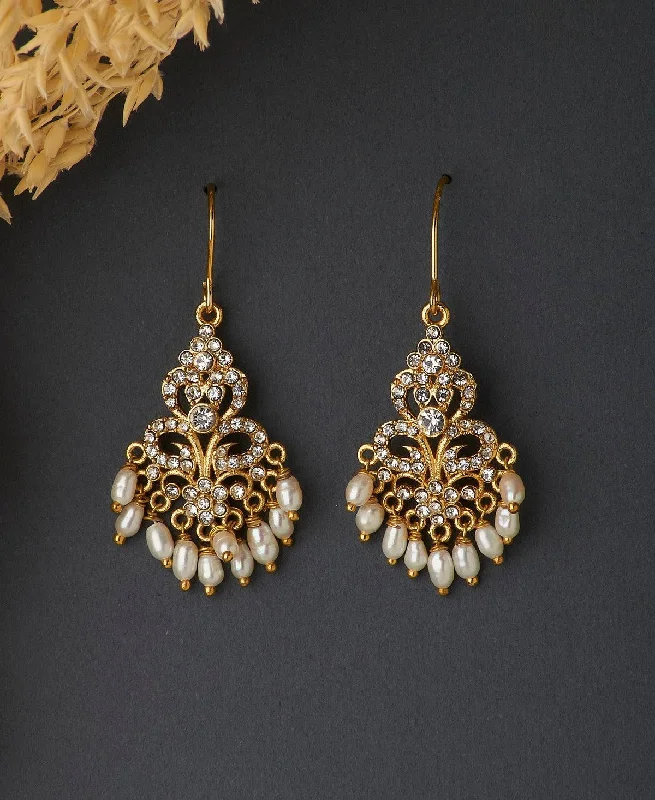 Stylish Stud Earrings For Casual Look-Delicate Gold Stone Studded Pearl Drop Earrings