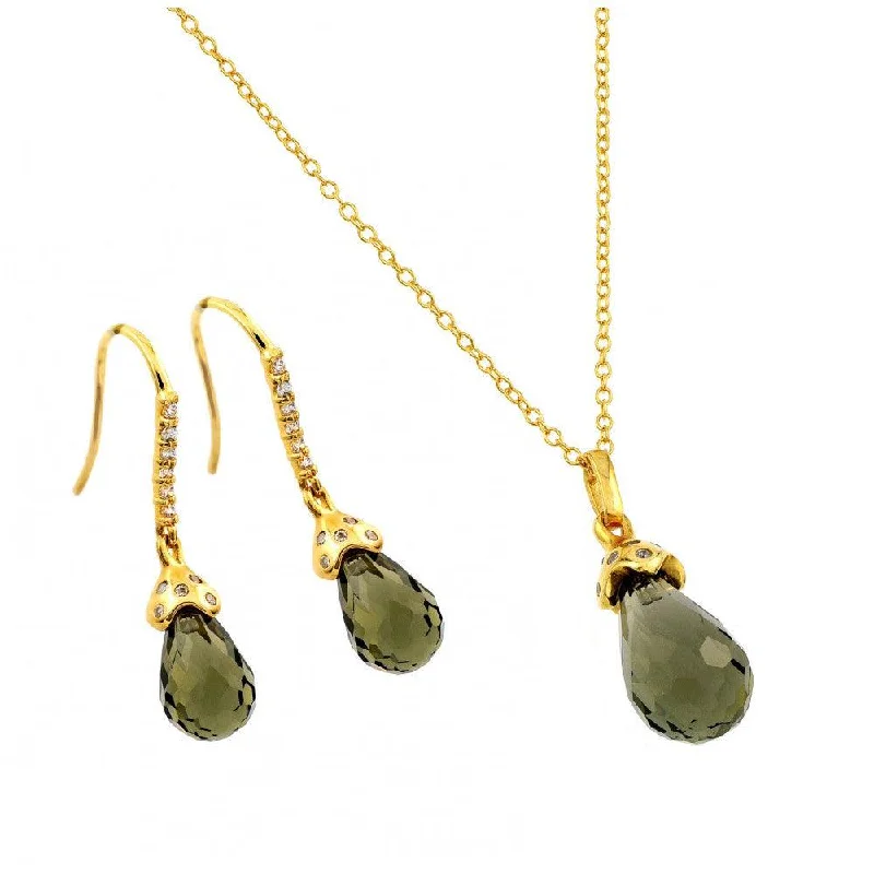 Elegant Sapphire Necklace For Special Events-Silver 925 Gold Plated Green Teardrop CZ Hook Earring and Necklace Set - BGS00428