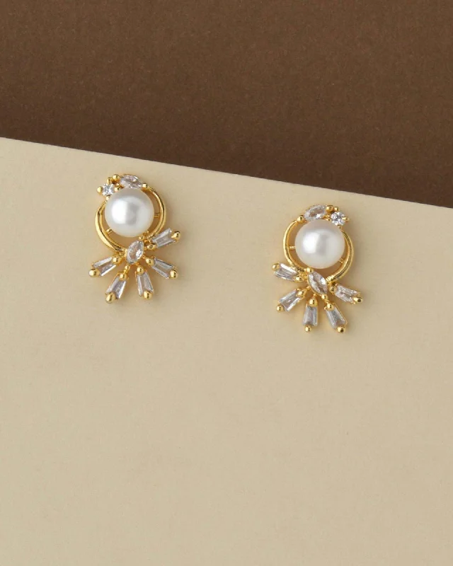 Elegant Long Earrings For Evening Out-Pretty Pearl & Stone Stud Earring