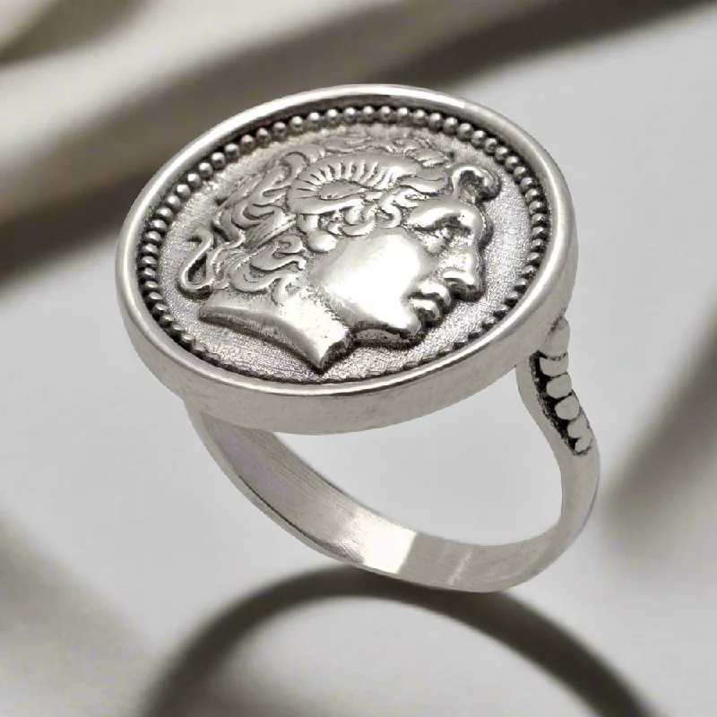 Personalized Gemstone Rings For Custom Jewelry-Alexander the Great Portrait Coin Ring in Sterling Silver (DT-109)