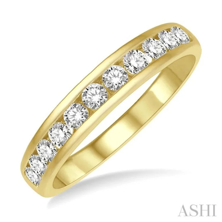 Unique Sapphire Rings For Wedding Day-1/2 ctw Channel Set 11 Stone Round Cut Diamond Wedding Band in 14K Yellow Gold