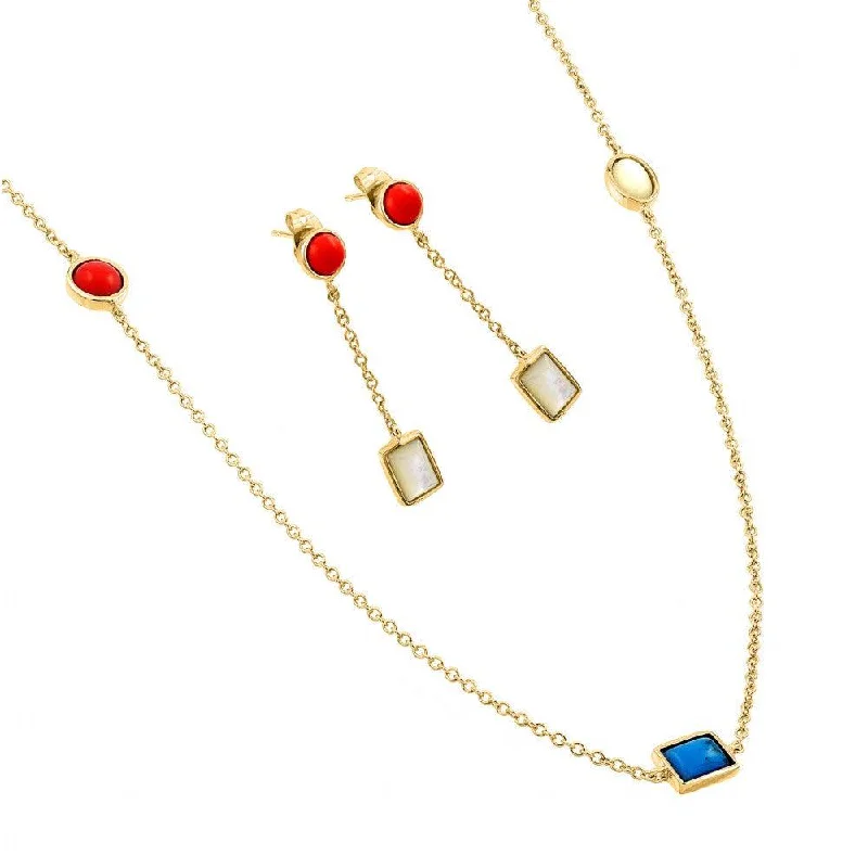 Custom Crystal Necklace For Personalized Gifts-Silver 925 Gold Plated Turquoise Coral White Abalone Shell Dangling Stud Earring and Necklace Set - BGS00416GP