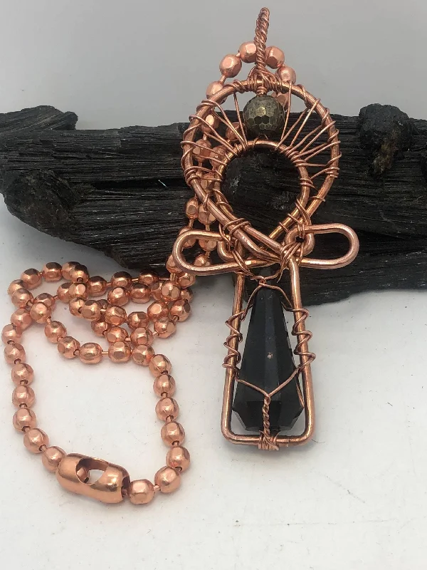 Personalized Gemstone Necklace For Custom Gifts-Signature Melanin Trinity of Affinity Wearable Ankh with Copper Chain