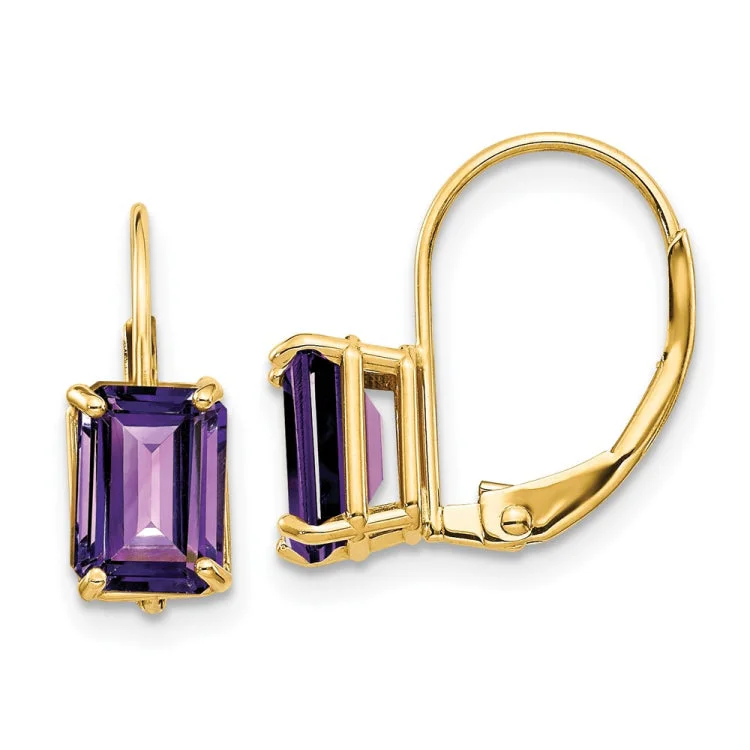 Large Hoop Earrings For Bold Fashion-14k 7x5mm Emerald Cut Amethyst Leverback Earrings