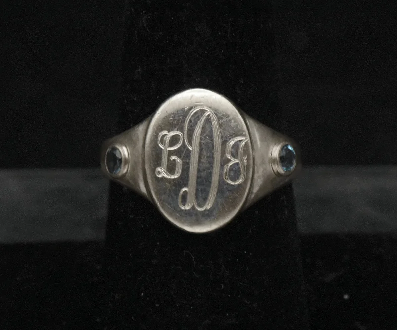 Simple Gemstone Wedding Bands For Couples-Vintage Blue Topaz Sterling Silver Engraved Monogram Signet Ring - Size 7.25