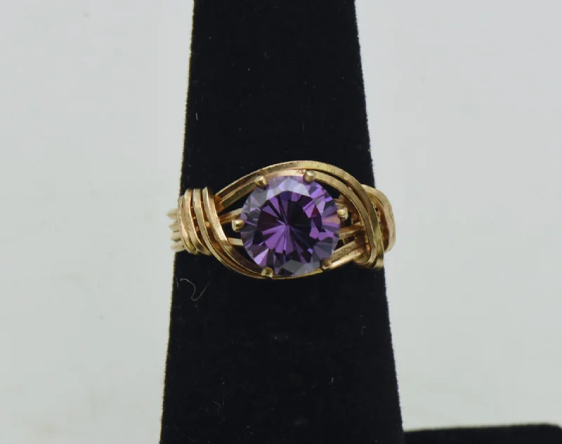 Custom Wedding Bands For Stylish Couples-Vintage 18K Gold Wire Wrapped Purple Cubic Zirconia Ring - Size 4.75