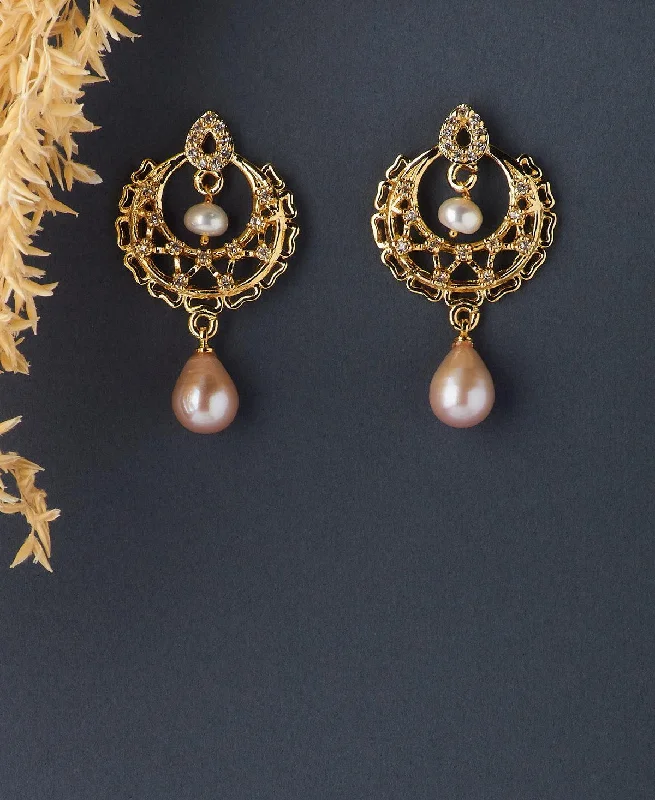 Elegant Drop Earrings For Formal Wear-Delicate Stone Studded Pearl Hanging Earring