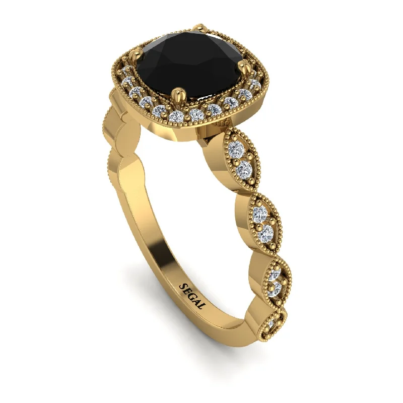 Classic Gold Rings For Engagement Day-Vintage Inspired Black Diamond Halo Ring - Frances No. 7